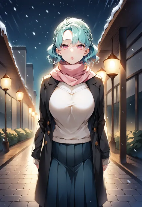 score_9, score_8_up, score_7_up, source_anime, 1girl,curly hair, french braid, big breasts, sweater, black coat, scarf, aqua hair, pink eyes, pleated skirt, long skirt, night, outdoor, snowing, under a tree, dynamic light, standing <lora:Giuniu-Style-PonyX...