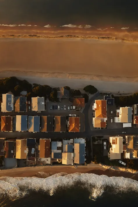 best quality, masterpiece, detailed, realistic, photorealistic, An aerial view of a coastal town basking in the golden sunlight at dusk. Houses, streets, and the beach appear especially inviting under this soft light. From above, the town seems to be frame...