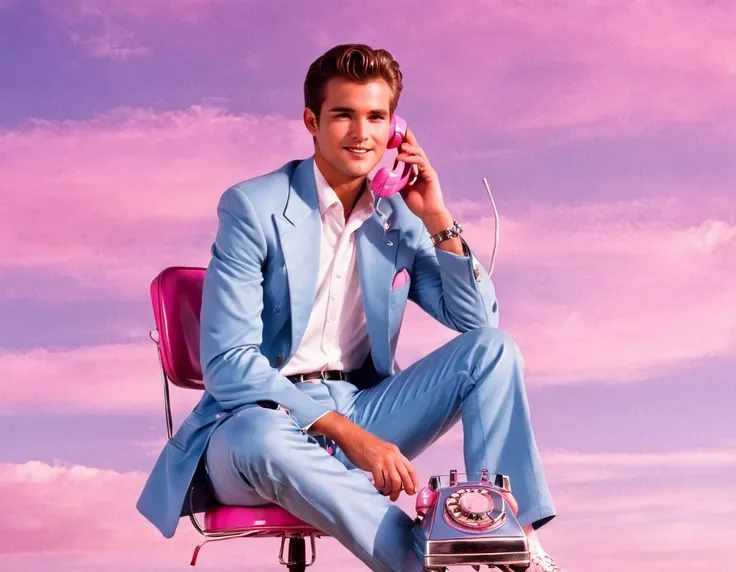 90sgum, man sitting on a chrome chair, holding a pink retro telephone, sky background, professional photosession for magazine, nostalgia <lora:90sgum_v0.0.2-cap-e30:0.75>