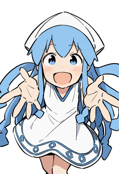 1girl, ika, fusazakura, blue eyes, blue hair, blush, dress, hair between eyes, long hair, looking at viewer, open mouth, outstretched arms, simple background, sleeveless, sleeveless dress, smile, solo, spread arms, tentacle hair, white background, white dr...