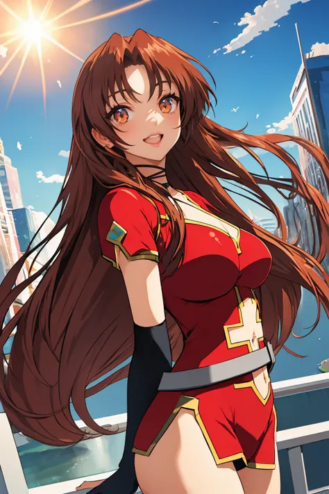 (masterpiece, best quality:1.2), 4k, solo, 1girl, kiddy_eclair, eclair_ cos, hair intakes, brown hair, long hair, large breasts, red dress, belt, holster, choker, puffy short sleeves, black gloves, cutout clothes, navel cutout, side slit, yellow eyes, smil...