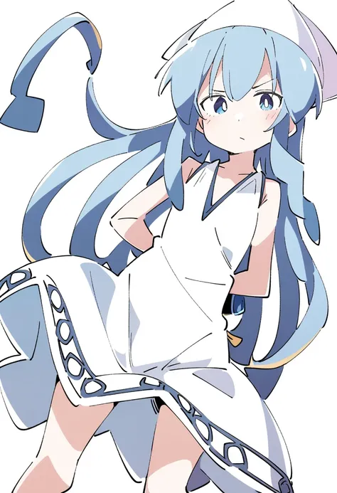 1girl, ika, ixy, arm behind back, blue eyes, blue hair, bracelet, closed mouth, dress, hat, jewelry, long hair, looking at viewer, simple background, sleeveless, sleeveless dress, solo, tentacle hair, white background, white dress, white hat, <lora:char-ik...