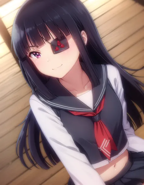 skmirai, <lora:sk mirai s1-lora-nochekaiser:1>,
mirai, long hair, black hair, (red eyes:1.3), (eyepatch:1.5), bangs, blunt bangs,
BREAK skirt, shirt, long sleeves, navel, school uniform, pantyhose, pleated skirt, necktie, serafuku, midriff, black skirt, sa...