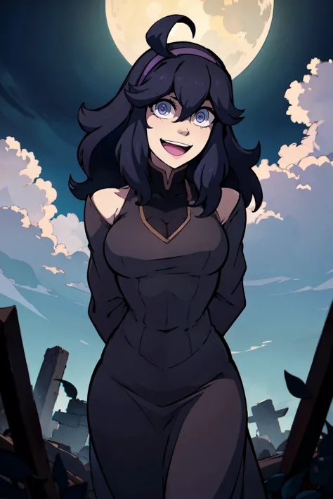 ((masterpiece,best quality)), absurdres,  <lora:The_Legend_of_Korra:0.7>,  <lora:Hex_Maniac_Pokemon_v2:0.8>, hex maniac (pokemon), long hair, ahoge, purple hairband, purple eyes, @_@, long black dress, smile, looking at viewer, cowboy shot, head tilt, full...