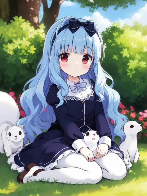 <lora:amatsuka_watayuki:0.8>,  watayuki, 1girl, solo, red eyes, long hair, blue hair, sitting, pantyhose, white pantyhose, mary janes, shoes, bow, hair bow, blush, long sleeves, ribbon, ferret, hairband, skirt, dress, cat,
masterpiece, high quality, very_h...