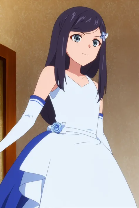 sysdeep_mitsuha, 1girl, solo, long_hair, bangs, blue_eyes, black_hair, hair_ornament, gloves, dress, closed_mouth, flower, sidelocks, sleeveless, elbow_gloves, indoors, white_gloves, hair_flower, white_dress, grey_eyes, sleeveless_dress, blue_dress, short_...