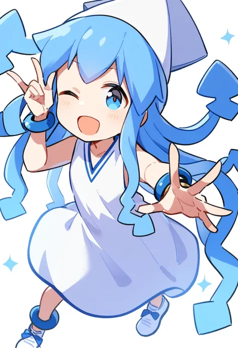 1girl, ika, ;d, blue eyes, blue hair, bracelet, dress, hat, jewelry, long hair, looking at viewer, medium dress, one eye closed, open mouth, shoes, sleeveless, sleeveless dress, smile, solo, squid hat, tentacle hair, white dress, white footwear, white hat,...