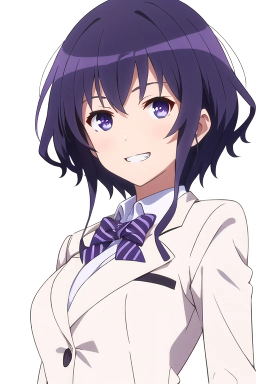 solo, 1girl, looking at viewer, 2D, anime, anime coloring, upper body, (simple background, solid white background:1.3), <lora:michiru-saekano:0.8>, michiru hyoudo, school uniform, blazer, smile, grin