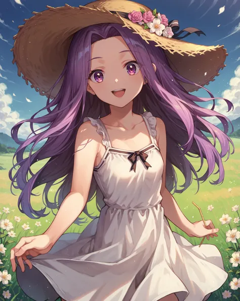 score_9, score_8_up, score_7_up, score_6_up, 1girl, solo, long hair, <lora:Ana-000001:1>, Ana, (pink hair:0.6), (purple hair:0.7), purple eyes, forehead, looking at viewer, small breasts, sundress, flower_field, straw_hat, wind, happy,