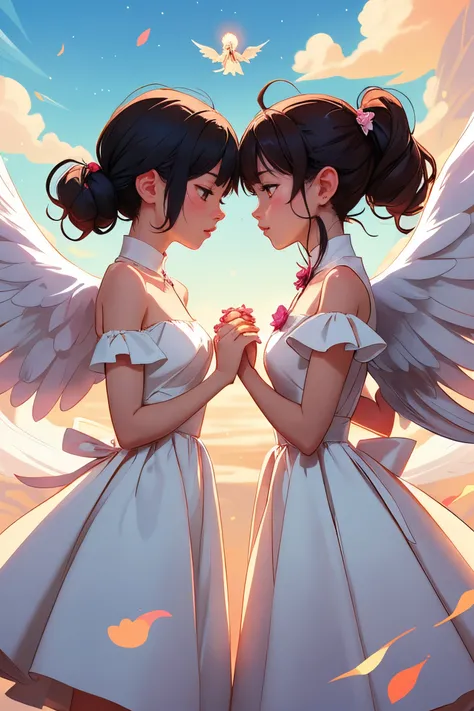 2 moe anime girls,   white dress with angel wings, black demon dress ,  illustration anime, ghotic , side view, face to face, floating in the sky, hand in hand, making wish