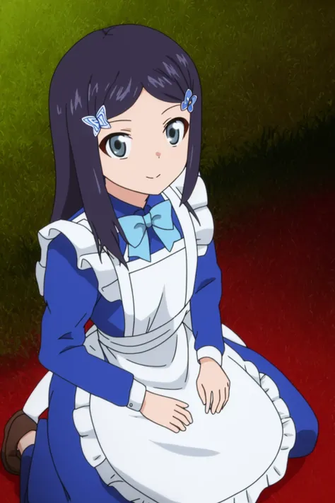 sysdeep_mitsuha, 1girl, solo, long_hair, looking_at_viewer, black_hair, hair_ornament, long_sleeves, dress, bow, kneeling, full_body, hairclip, apron, grey_eyes, maid, blue_dress, from_above, blue_bow, looking_up, white_apron, maid_apron, anime_coloring