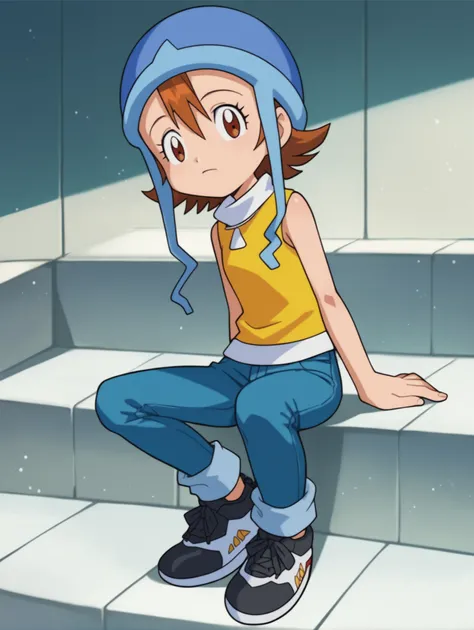 score_9, score_8_up, score_7_up, score_6_up, score_5_up, score_4_up, source_anime, BREAK
looking at viewer,  <lora:Digimon:0.8> digimon, 1girl, solo, sora, brown hair, brown eyes, short hair, hair between eyes, blue helmet, hat straps, yellow turtleneck, s...