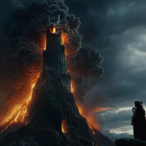 cinematic film still of  <lora:The Lord of the Rings style:1>
In a Fantasy Middle-earth world in the dark ages Eye of Sauron a tower with a fire in the sky,Watchtower,outdoors,sky,cloud,no humans,glowing,cloudy sky,fire,scenery,dragon,molten rock , dramati...