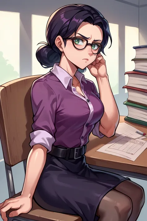 score_9, score_8_up, score_7_up, score_6_up, source_anime, BREAK 1girl,  <lora:mspauling-pdxl-nvwls-v1-000008:1> mspauling, black hair, glasses, purple shirt, buttoned shirt, short sleeves, belt, black skirt, pantyhose, medium breasts, sitting, chair, desk...