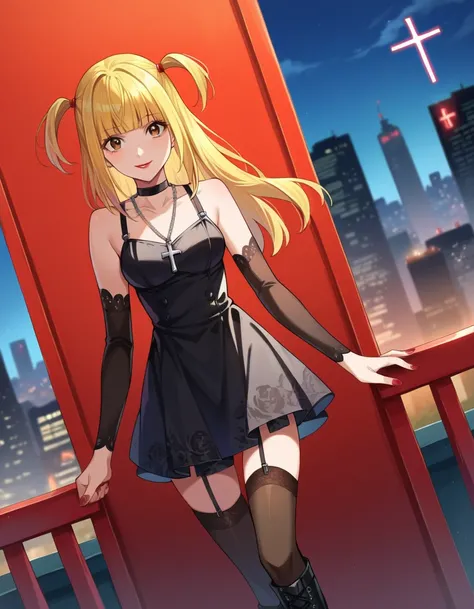 score_9, score_8_up, score_7_up, source_anime,
misaamane, <lora:misa-amane-ponyxl-lora-nochekaiser:1>
misa amane, long hair, bangs, brown eyes, yellow hair, blunt bangs, two side up, red lips, lipstick, smile,
thighhighs, dress, jewelry, collarbone, boots,...