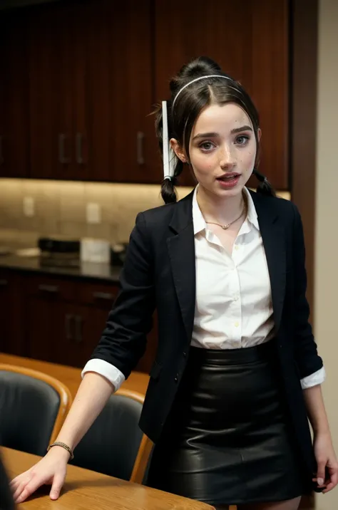 tv_Mackenzie_Jones_OF, ,  , angry expression, wearing a pencil skirt, wearing a dress shirt, wearing a blazer, standing at the edge of a conference table, shot from below, ((cowboy shot)),, 8k resolution, highres, high detail, sharp focus, detailed skin,  ...