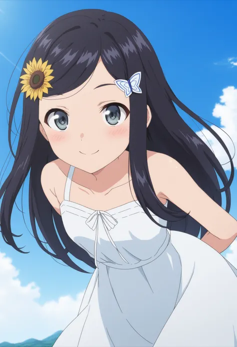 sysdeep_mitsuha, 1girl, solo, long_hair, looking_at_viewer, blush, smile, bangs, black_hair, hair_ornament, dress, closed_mouth, collarbone, flower, outdoors, sky, day, hairclip, cloud, hair_flower, white_dress, blue_sky, grey_eyes, leaning_forward, swept_...