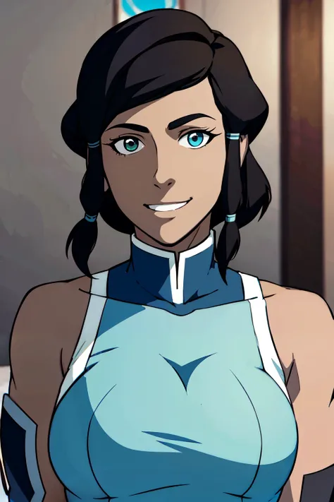 ((masterpiece,best quality)), absurdres,  <lora:The_Legend_of_Korra:0.8>,  the legend of korra, masterpiece, best quality, 1girl, solo, dark skin, dark-skinned female, smile, black hair, bare shoulders, blue eyes, short hair, looking at viewer,