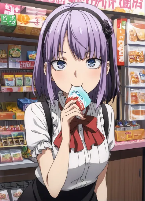 score_9, score_8_up, source_anime,1girl,hotaruXL, <lora:hotaruXL:1>,purple hair,short hair,inside a shop,detailed eyes,wearing a skirt,suspender,eating a candy bar