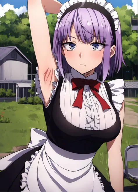 score_9, score_8_up, source_anime,1girl,hotaruXL, <lora:hotaruXL:1>,purple hair,short hair,outdoors,detailed eyes,wearing a maid outfit,armpits