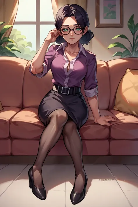 score_9, score_8_up, score_7_up, score_6_up, source_anime, BREAK 1girl,  <lora:mspauling-pdxl-nvwls-v1-000008:1> mspauling, black hair, glasses, purple shirt, buttoned shirt, short sleeves, belt, black skirt, pantyhose, medium breasts, smile, bored, sittin...