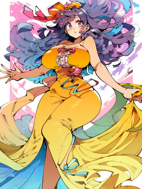 score_9, score_8_up, score_7_up, score_6_up, idol girl, multicolored clothes, yellow dress, long skirt, ribbon, floating hair, pink eyes ,curvy, huge breasts, narrow waist, wide hips, thick thighs, looking at viewer, dynamic angle, cowboy shot, cartoon, dy...