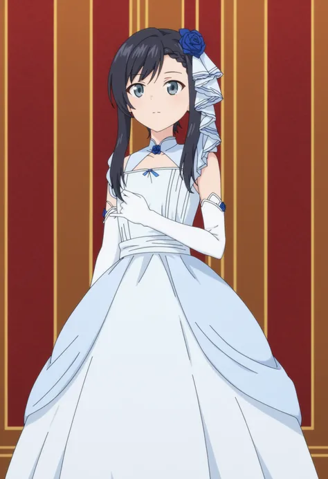 score_9, sysdeep_mitsuha, 1girl, solo, long_hair, bangs, blue_eyes, black_hair, hair_ornament, gloves, dress, closed_mouth, flower, sidelocks, sleeveless, elbow_gloves, indoors, white_gloves, hair_flower, white_dress, grey_eyes, sleeveless_dress, blue_dres...