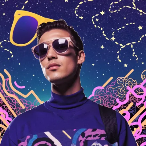 90sgum, closeup of a man with cool sunglasses on a backgdrop of patterns and shapes in a night sky <lora:90sgum_v0.0.2-cap-e30:0.75>