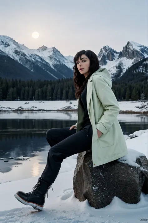 tv_Christina_Cinn_PS, ,  , sad expression, wearing a winter coat, wearing winter pants, wearing winter boots, sitting on a rock by a frozen mountain lake, midnight, moonlight, shot from the side,, 8k resolution, highres, high detail, sharp focus, detailed ...