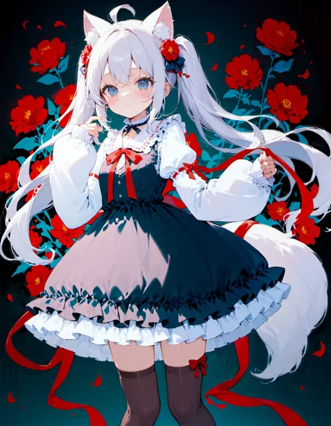 1girl,, ahoge, animal ear fluff, animal ears, black choker, black dress, black thighhighs, blue eyes, choker, closed mouth, collar, dress, eyelashes, fang, fingernails, flower, frilled dress, frills, from side, full body, grey hair, hair between eyes, hair...