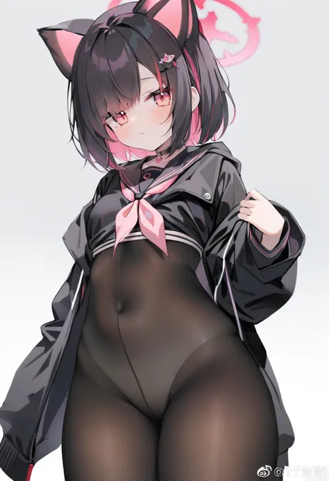 masterpiece, best quality, <lora:caoXL_ANI31_lokr_V2233:0.95> 1girl, solo, black hair, animal ears, colored inner hair, multicolored hair, choker, hood, panties, pink hair, underwear, simple background, covered navel, pantyhose, white background, short hai...