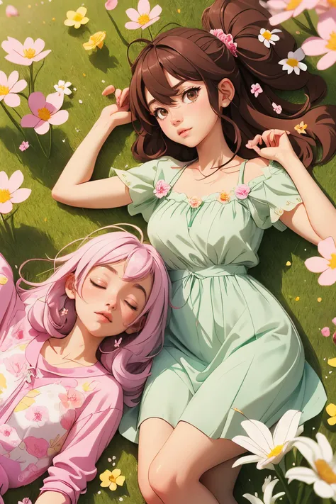 2 moe anime girls,  (pencil style texture), laying down on flowers, sakura, spring,  grey soft color, illustration anime, spring dress