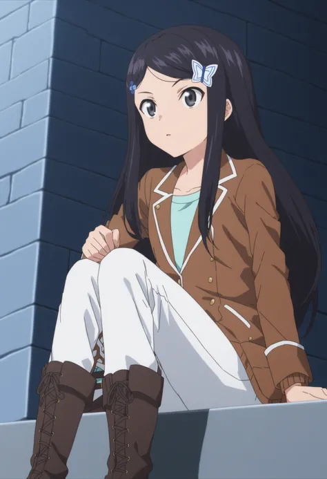 sysdeep_mitsuha, 1girl, long_hair, brown_hair, black_hair, hair_ornament, sitting, jacket, boots, hairclip, pants, black_eyes, shiny_hair, brown_footwear, knee_boots, white_pants, anime_coloring, <lora:Mitsuha Yamano - [Saving 80000 Gold in Another World f...