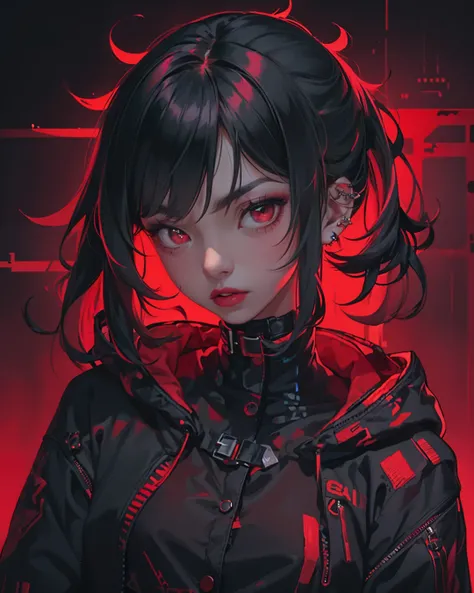 1girl, anger vein, black eyes, black hair, brown eyes, buttons, ear piercing, hoodie, jewelry, lips, lipstick, looking at viewer, multicolored hair, red lips, simple background, solo,
(portrait, upper body, dynamic angle:1.2), (neon lights), (red theme:1.2...