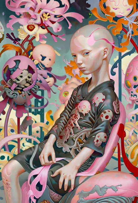 JamesJean; Illustration, Painting; horror-themed surrealist art Artist James Jean portrays an award-winning painting featuring a character with colored hair styled as bald lounging in a Neo-Tokyo setting. The artwork is a concept piece for Autochrome and w...