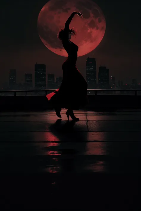 ink illustration, hauntingly sad scene of a woman dancing on her own on the roof of a skyscraper under a red moon, the woman's r...