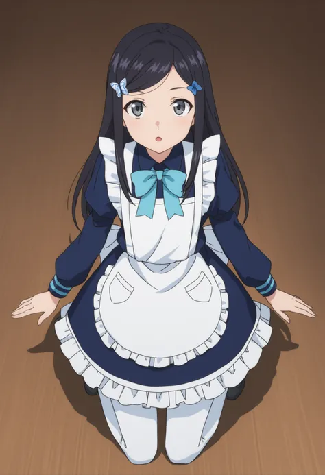 sysdeep_mitsuha, 1girl, solo, long_hair, looking_at_viewer, black_hair, hair_ornament, long_sleeves, dress, bow, kneeling, full_body, hairclip, apron, grey_eyes, maid, blue_dress, from_above, blue_bow, looking_up, white_apron, maid_apron, anime_coloring, <...