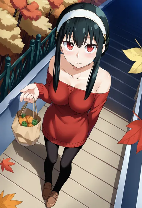 score_9, best quality, masterpiece, uncensored, source_anime
BREAK
yor briar, 1girl, arm behind back, autumn, autumn leaves, bag, bare shoulders, black hair, black pantyhose, breasts, brown footwear, closed mouth, collarbone, day, dress, dutch angle, food,...