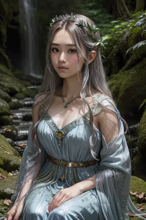 RAW photo, a photograph of youl3e woman, elven princess, beautiful silver jewellery, fairytale environment, luscious forest, waterfall, lord of the rings, rivendell, crown made out of leaves, (high detailed skin:1.2), 8k uhd, dslr, soft lighting, high qual...