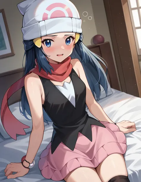 anime girl sitting on a bed with a hat on