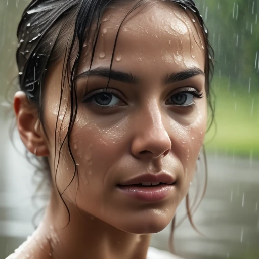 portrait photo of a beautiful womans face in the rain.   <lora:rain-10:0.6>