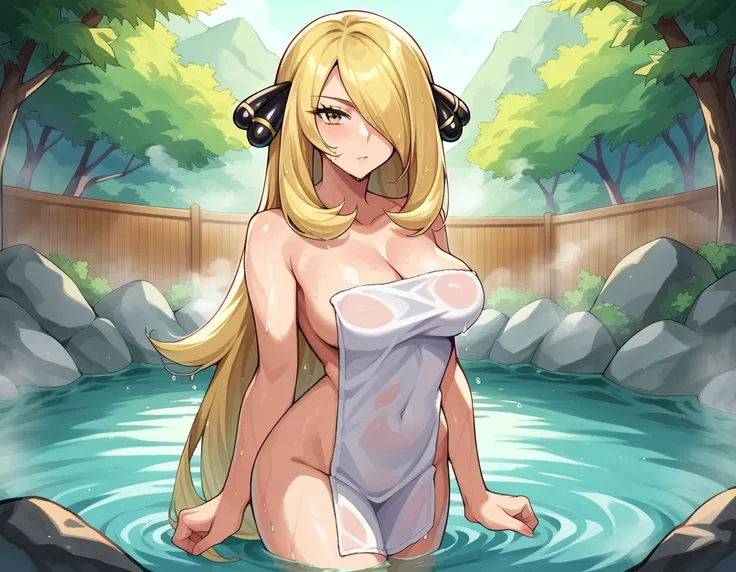 score_9, score_8_up, score_7_up, source_anime,
pokemoncynthia, <lora:pokemon-cynthia-ponyxl-lora-nochekaiser:1>
pokemoncynthia, blonde hair, hair ornament, hair over one eye, long hair, yellow eyes,
nude, naked, 
outdoors, onsen, towel, naked towel, steam,...