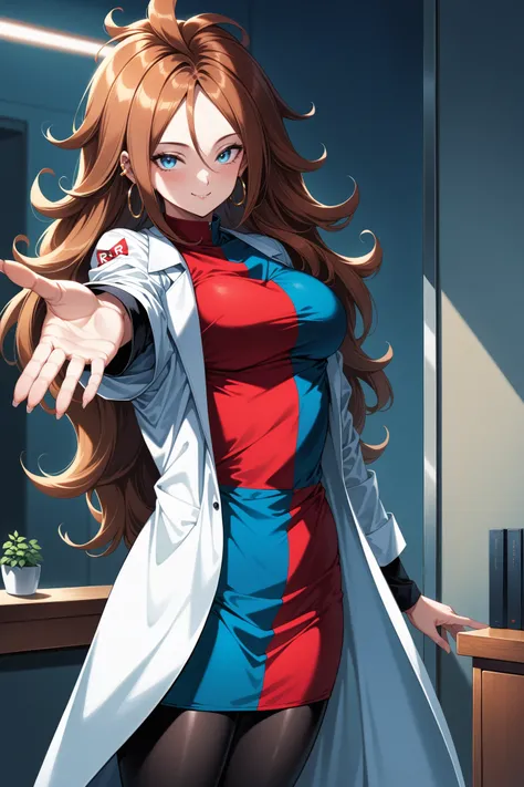 (masterpiece, best quality, very aesthetic, ultra detailed), intricate details, aaandro, brown hair, long hair, curly hair, blue eyes, hoop earrings, two-tone dress, checkered dress, white coat, labcoat, long sleeves, black pantyhose, <lora:android_21_XL_v...