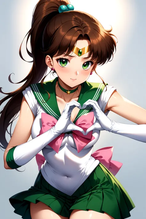 (masterpiece, best quality, very aesthetic, ultra detailed), intricate details, 4k, aajupiter, long hair, ponytail, hair bobbles, tiara, earrings, green eyes, green choker, green sailor collar, pink bowtie, white shirt, white leotard, elbow gloves, white g...