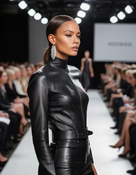 A photo of a (fashion runway model:1.3), (sleek black leather attire:1.2), amidst an audience blur, (fierce gaze:1.1), striking posture, high-fashion ambiance, reflective textures, minimalist earrings, (catwalk confidence:1.1), (soft natural makeup:1.1), s...