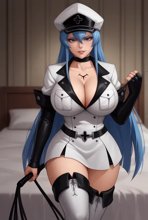 score_9, score_8_up, score_7_up, source_anime, 1girl, looking at viewer, cowboy shot, 
<lora:EsdeathPdxlDwnsty-000008:1>, Esdeath, huge breasts, naughty face, wide hips, thick thighs, on bed, dominatrix, leather jacket, leather belt, leather gloves, leathe...