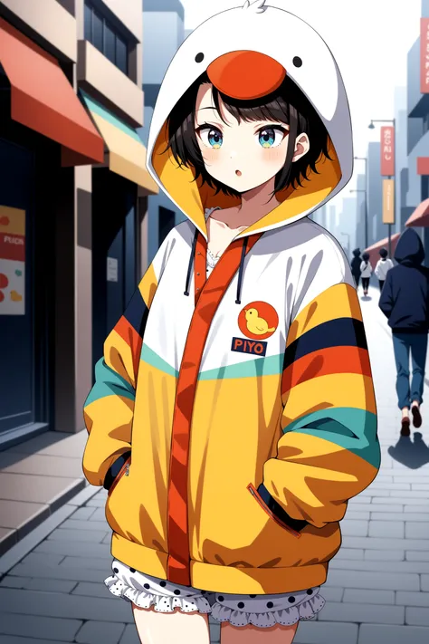 (masterpiece, best quality, very aesthetic, ultra detailed), intricate details, 4k, anime style, iisubaru, short hair, hood up, animal hood, collarbone, hoodie, hooded jacket, multicolored jacket, long sleeves, polka dot, white bloomers, <lora:oozora_subar...