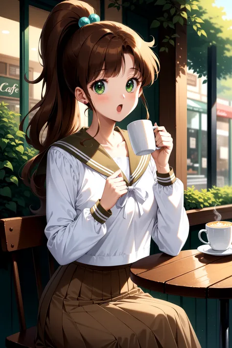 (masterpiece, best quality, very aesthetic, ultra detailed), intricate details, 4k, aajupiter, long hair, ponytail, hair bobbles, green eyes, serafuku, brown sailor collar, white shirt, long sleeves, long skirt, brown skirt, <lora:sailor_jupiter_XL_v1:0.9>...