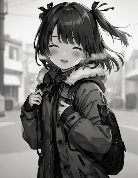 score_9, score_8_up, score_7_up,  <lora:LowKeyLightsPony:0.6>LowKeyLights,
1girl,solo,blush,smile,open mouth,bangs,long sleeves,ribbon,jacket,monochrome,closed eyes,hair ribbon,upper body,greyscale,outdoors,open clothes,teeth,hood,bag,open jacket,two side ...