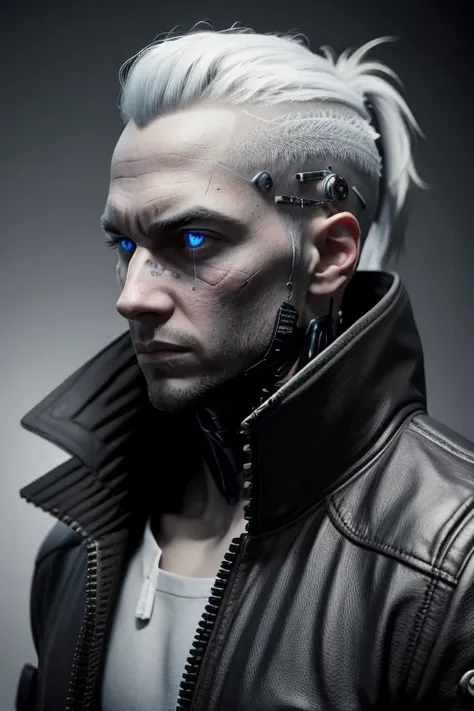 solo, looking at viewer, blue eyes, 1boy, closed mouth, jacket, monochrome, upper body, male focus, portrait, spot color, science fiction, realistic, android, very short hair, cyborg, cyberpunk 